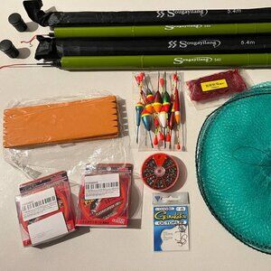 Complete Float Fishing Set – 2 Rods, Line, Floats, Hooks, Fish Keeper Net